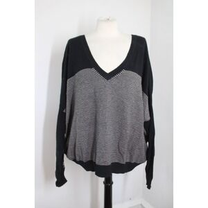 291 Venice Black Gray Size 3/L Stripe V-Neck Dolman Sleeve Cashmere Sweater